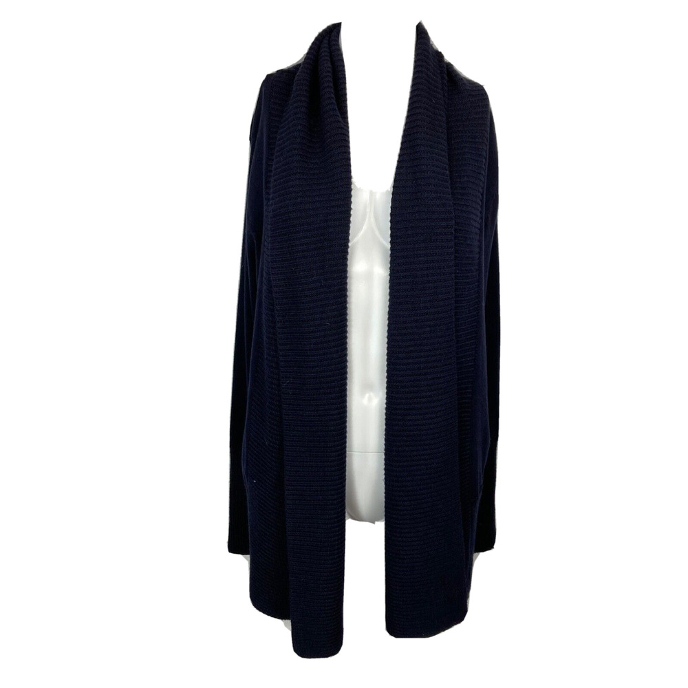Joan Vass Cardigan Womens Sz M Navy Blue Open Ribbed Knit Sweater Stretch